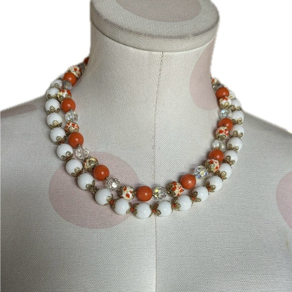 Vintage Jewelry - Vintage Wedding Cake Double Strand Glass Beads Orange Necklace